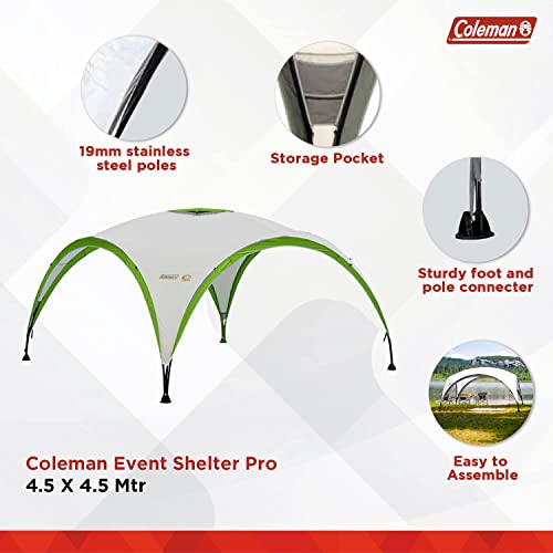 Coleman Gazebo, Event Shelter for Garden and Camping, Sturdy Steel Poles Construction, Large Tent, Portable Sun Shelter with Protection SPF 50, White/Green, XL - 4.5 x 4.5 m