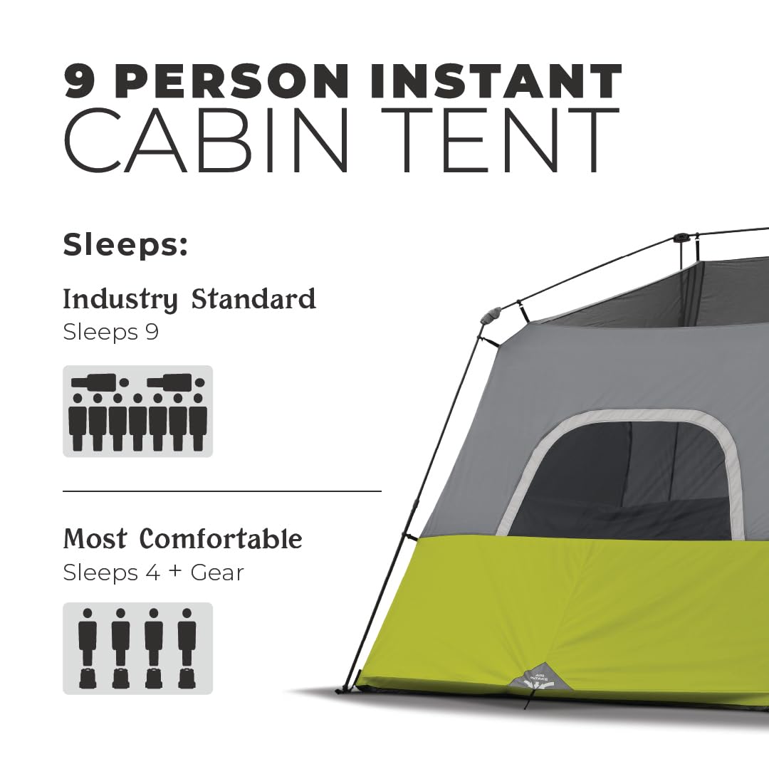 CORE 9-Person Instant Cabin Tent - Large Multi-Room Family Pop-Up Tent with Included Storage Pockets (2-Minute Setup)