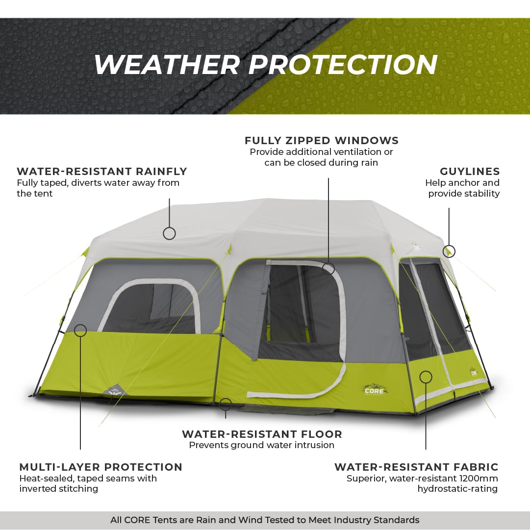 CORE 9-Person Instant Cabin Tent - Large Multi-Room Family Pop-Up Tent with Included Storage Pockets (2-Minute Setup)