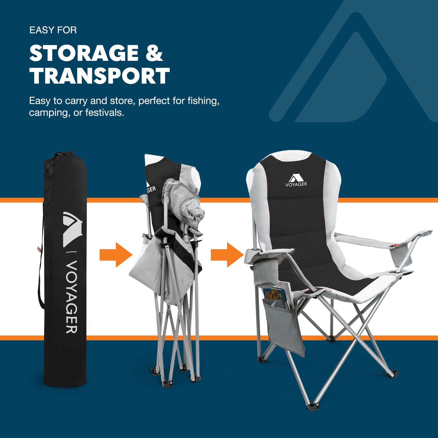 Voyager Set Of 2 Premium Padded Camping Chairs Lightweight & Foldable with Cup Holder & Side Pockets Ideal Water Resistant Outdoor Seats for Garden,Fishing,Picnic,Camping & Travel Heavy Duty (Black)