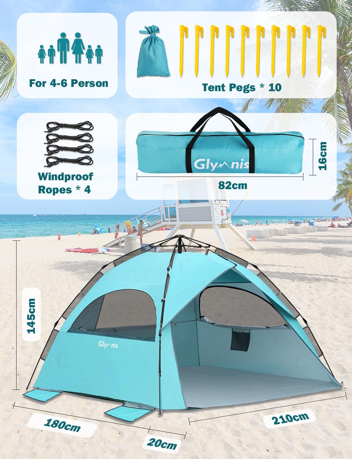 Glymnis Pop Up Beach Tent Large for 4-6 Person, Instant Pop Up Automatic Beach Tent UV Protection Sun Shelter Easy Setup for Family Picnic