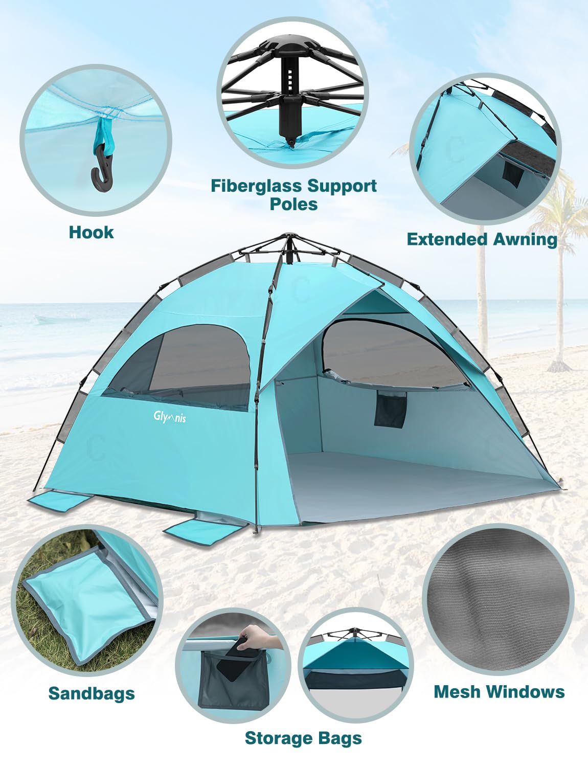 Glymnis Pop Up Beach Tent Large for 4-6 Person, Instant Pop Up Automatic Beach Tent UV Protection Sun Shelter Easy Setup for Family Picnic