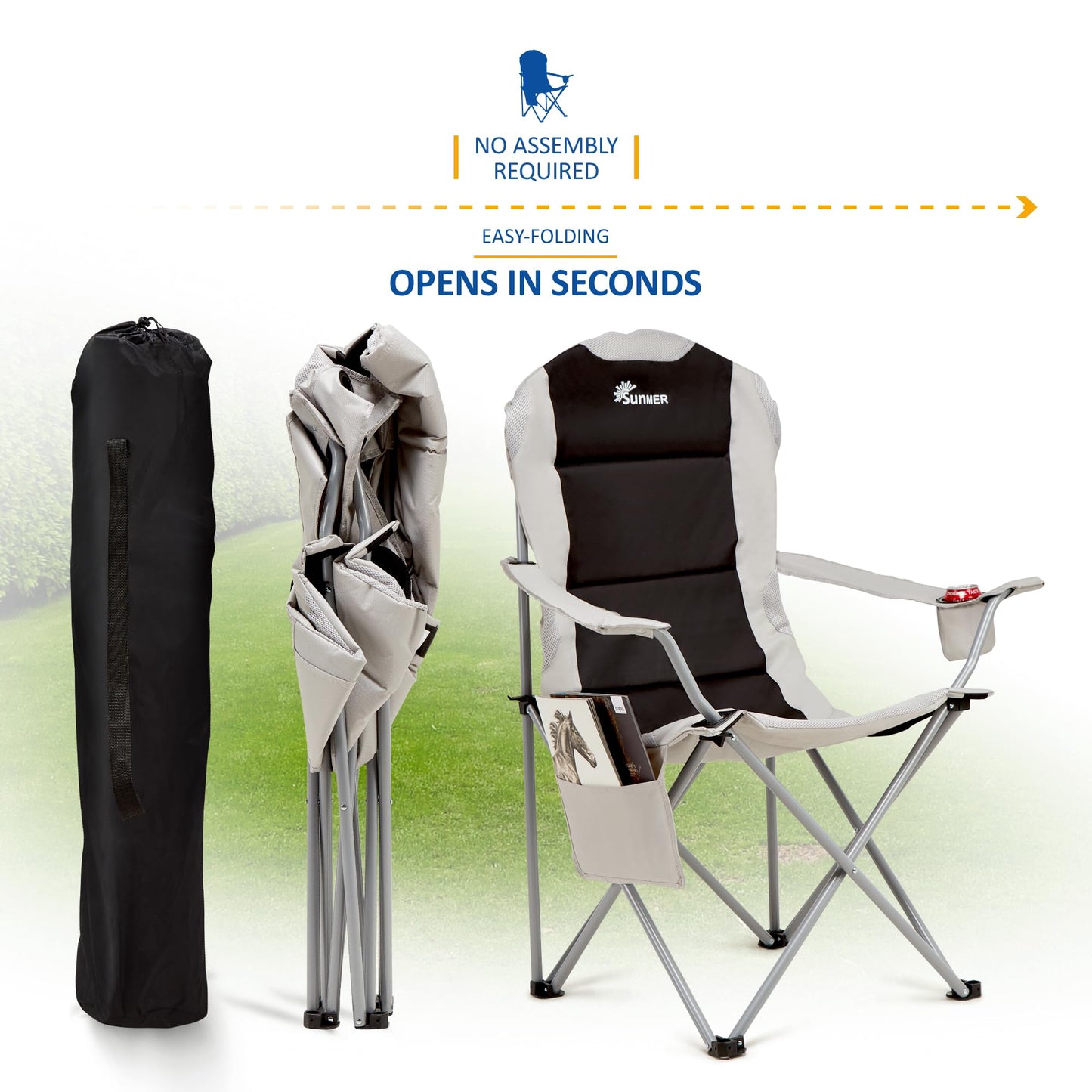 SUNMER Padded Camping Chairs - Set of 2 Deluxe Folding Chairs with Cup Holder and Side Pockets, Holds up to 120kg - Lightweight 3.3kg per Chair - Black & Grey
