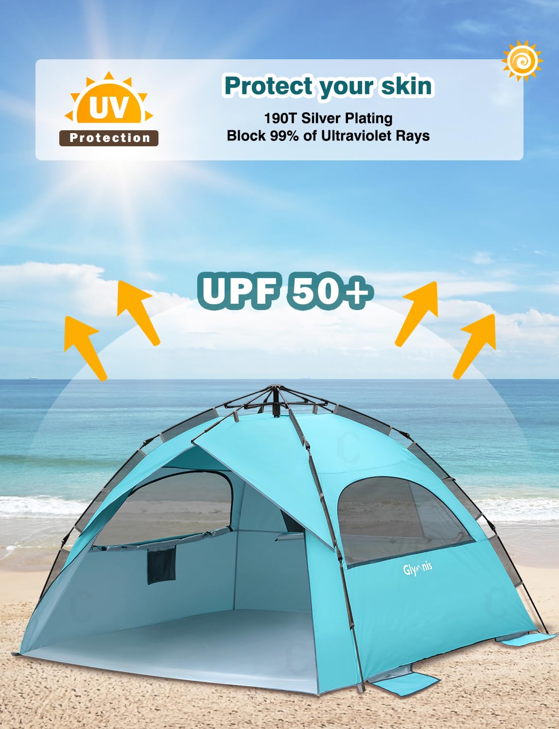 Glymnis Pop Up Beach Tent Large for 4-6 Person, Instant Pop Up Automatic Beach Tent UV Protection Sun Shelter Easy Setup for Family Picnic