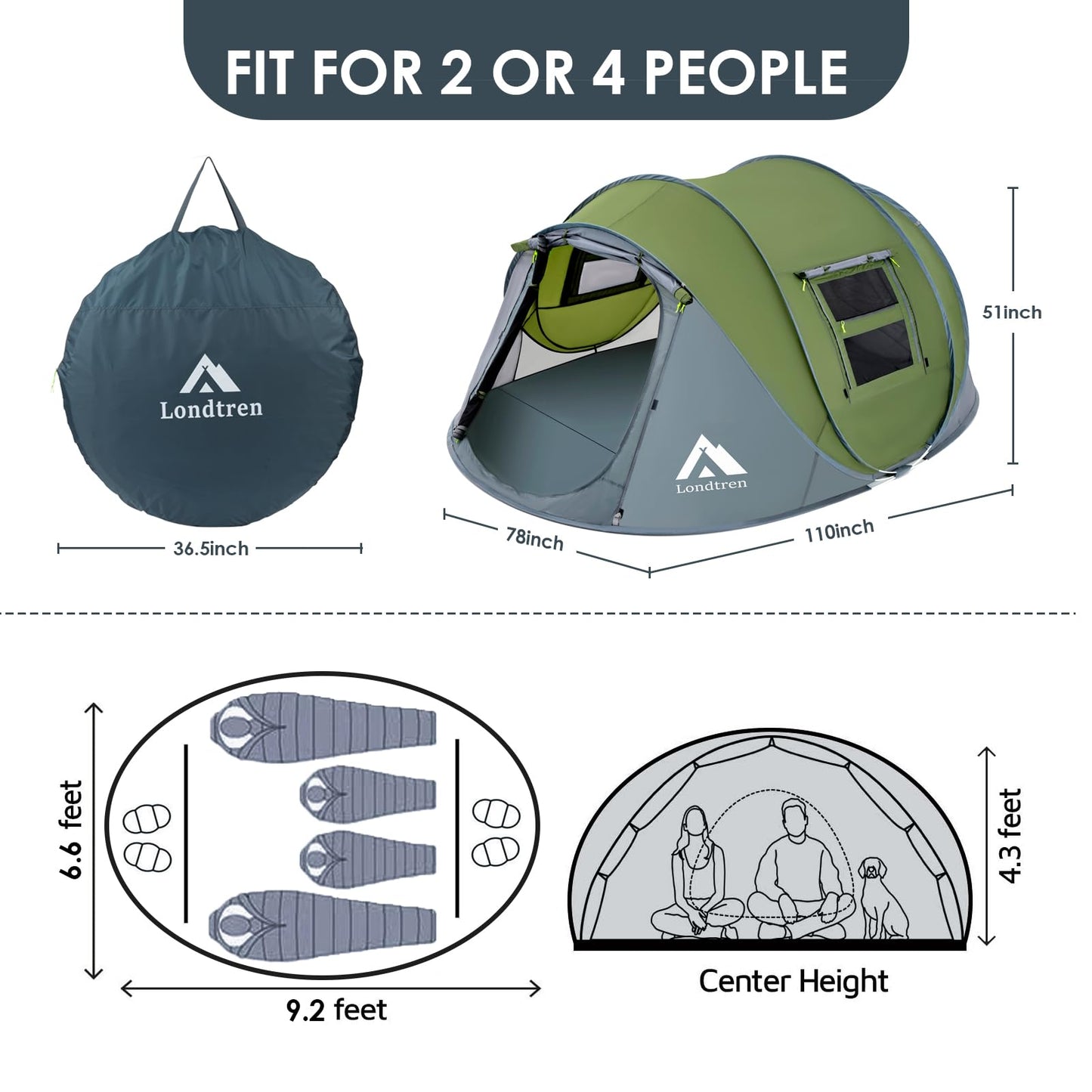 Pop Up Camping Tent - 4-Person Waterproof Instant Pop-Up Tent (Big Green).