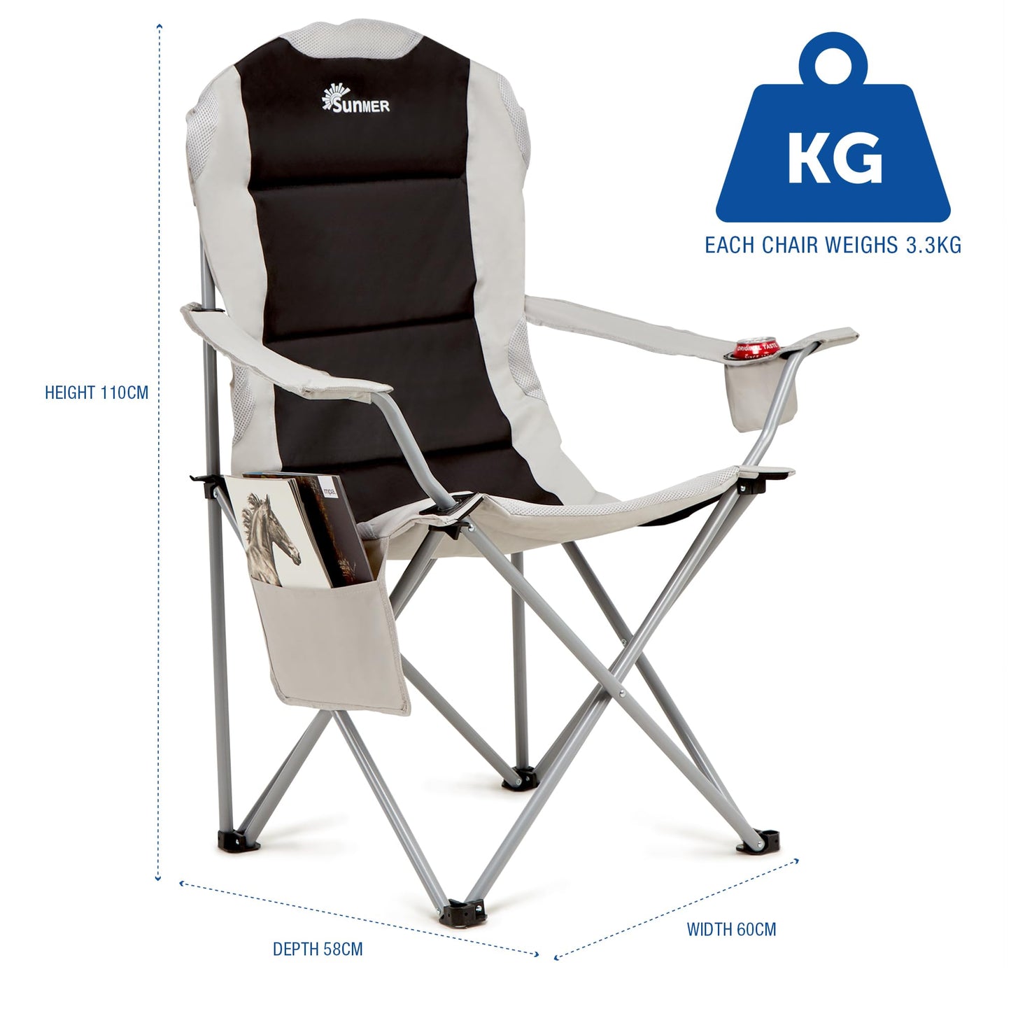 SUNMER Padded Camping Chairs - Set of 2 Deluxe Folding Chairs with Cup Holder and Side Pockets, Holds up to 120kg - Lightweight 3.3kg per Chair - Black & Grey
