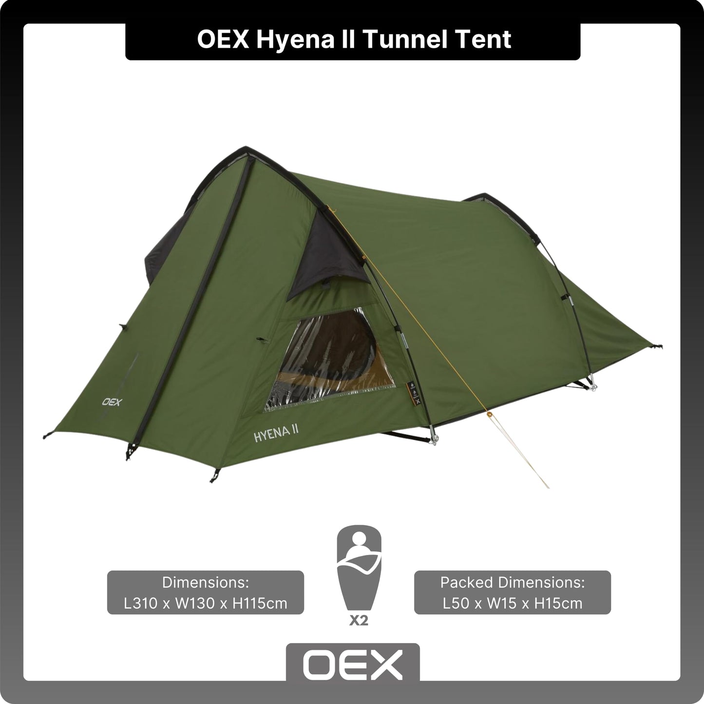 OEX Hyena II Tent for 2 People for Harsh Weather Conditions, 2 Man, Compact, Lightweight & Easy to Pitch, Ideal for Backpacking, Wild Camping, Hiking, Festivals & Weekend Trips, 5000mm HH, Green