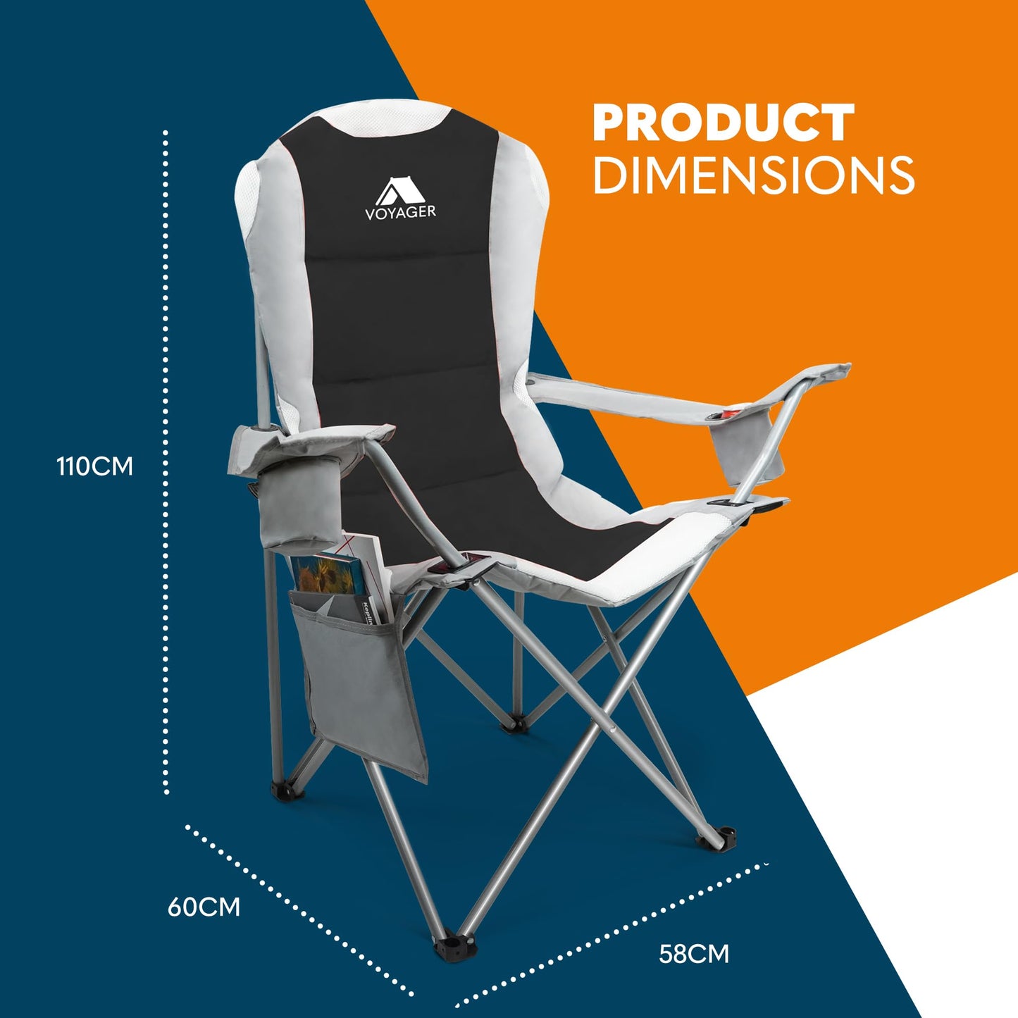 Voyager Set Of 2 Premium Padded Camping Chairs Lightweight & Foldable with Cup Holder & Side Pockets Ideal Water Resistant Outdoor Seats for Garden,Fishing,Picnic,Camping & Travel Heavy Duty (Black)