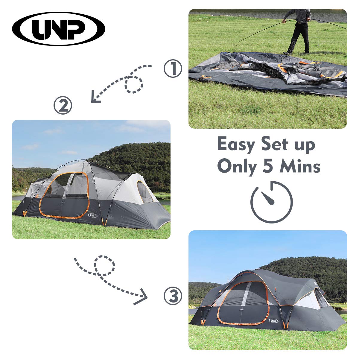 UNP 10-Person Family Camping Tent with 5 Large Mesh Windows, Double Layer & Waterproof Design (18' x 9' x 78")