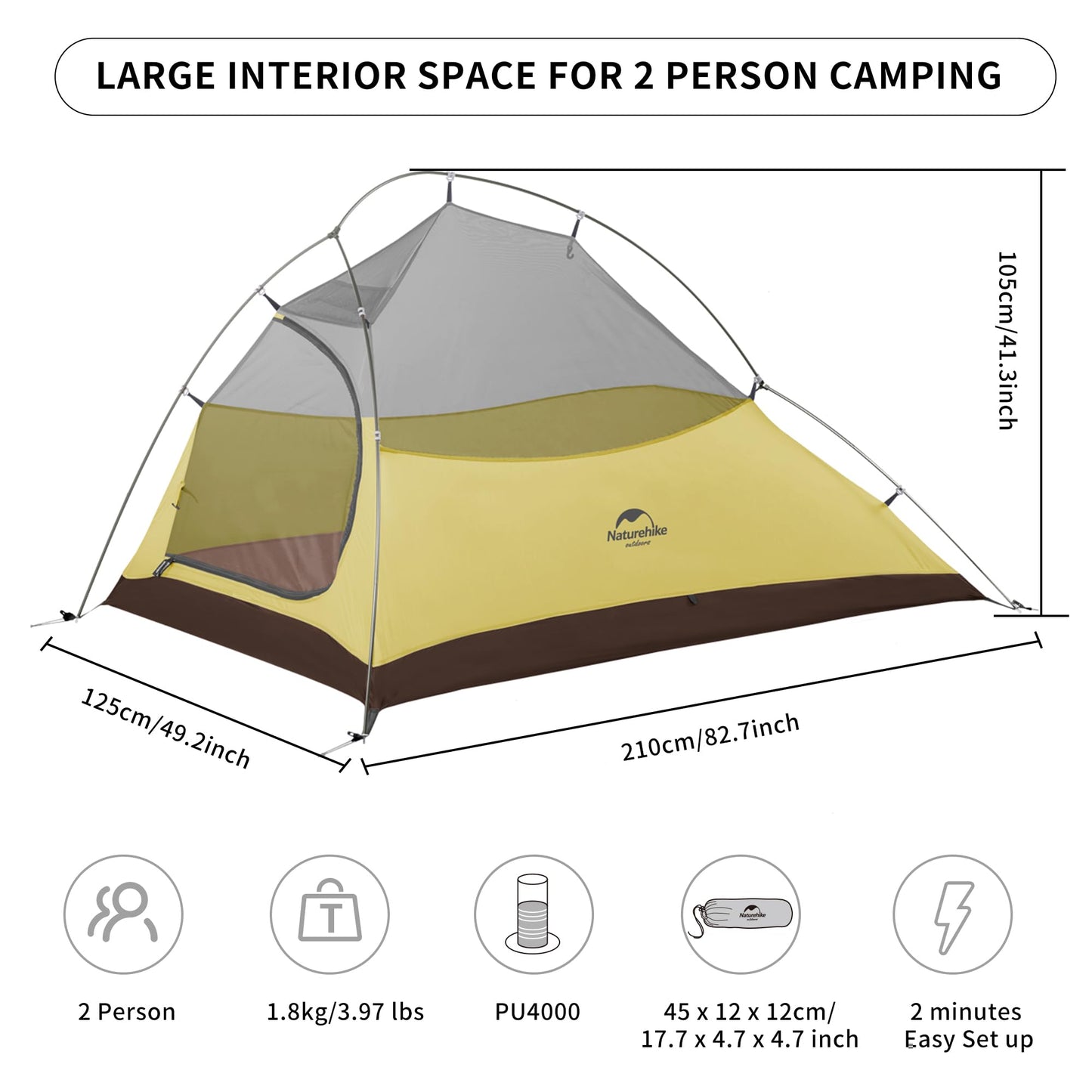Naturehike Cloud-Up 2 Ultralight Tent Backpacking Tent for 2 Person Hiking Camping Outdoor (20D Forest Green Upgrade)