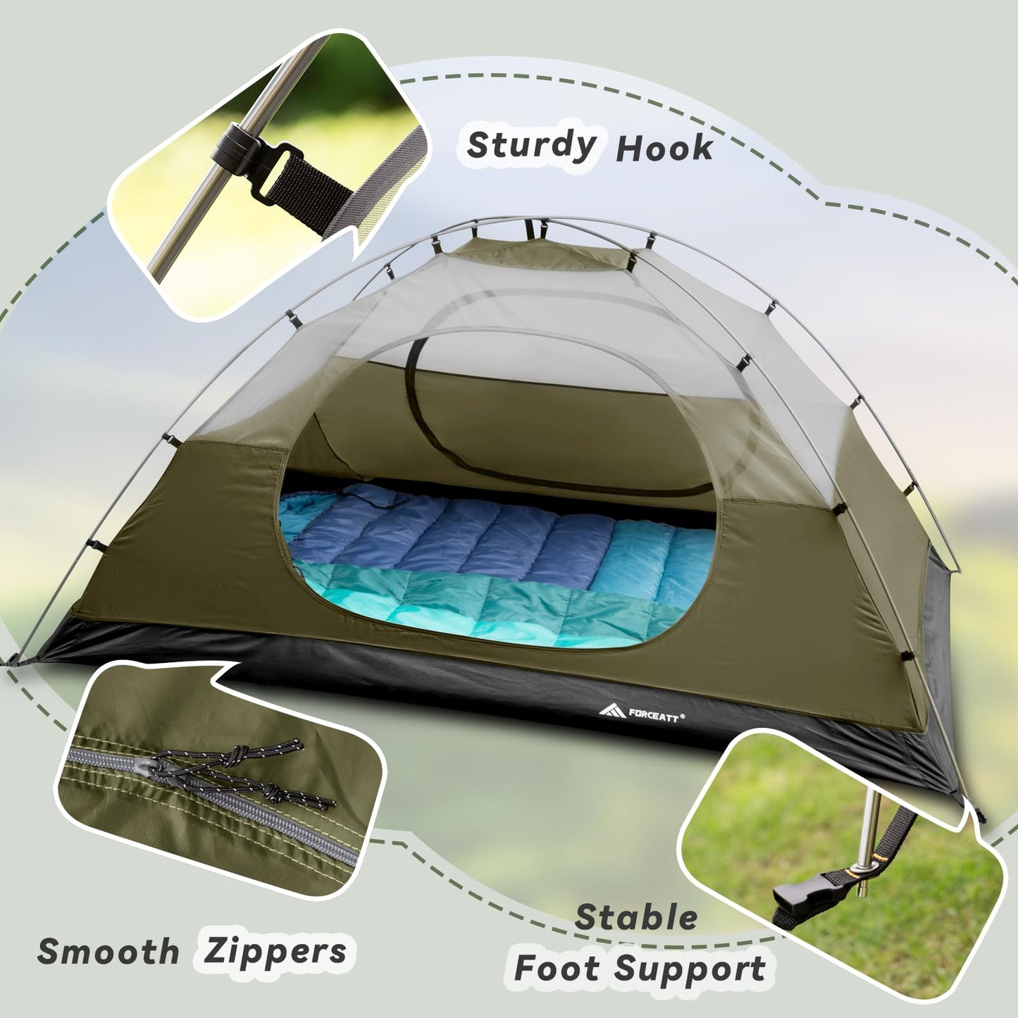 Forceatt 2 Man Camping Tent - Easy Setup Lightweight Two Doors PU3000mm Waterproof Dome - Windproof Instant Outdoor Shelter for Traveling, Beach, Hiking, Mountaineering