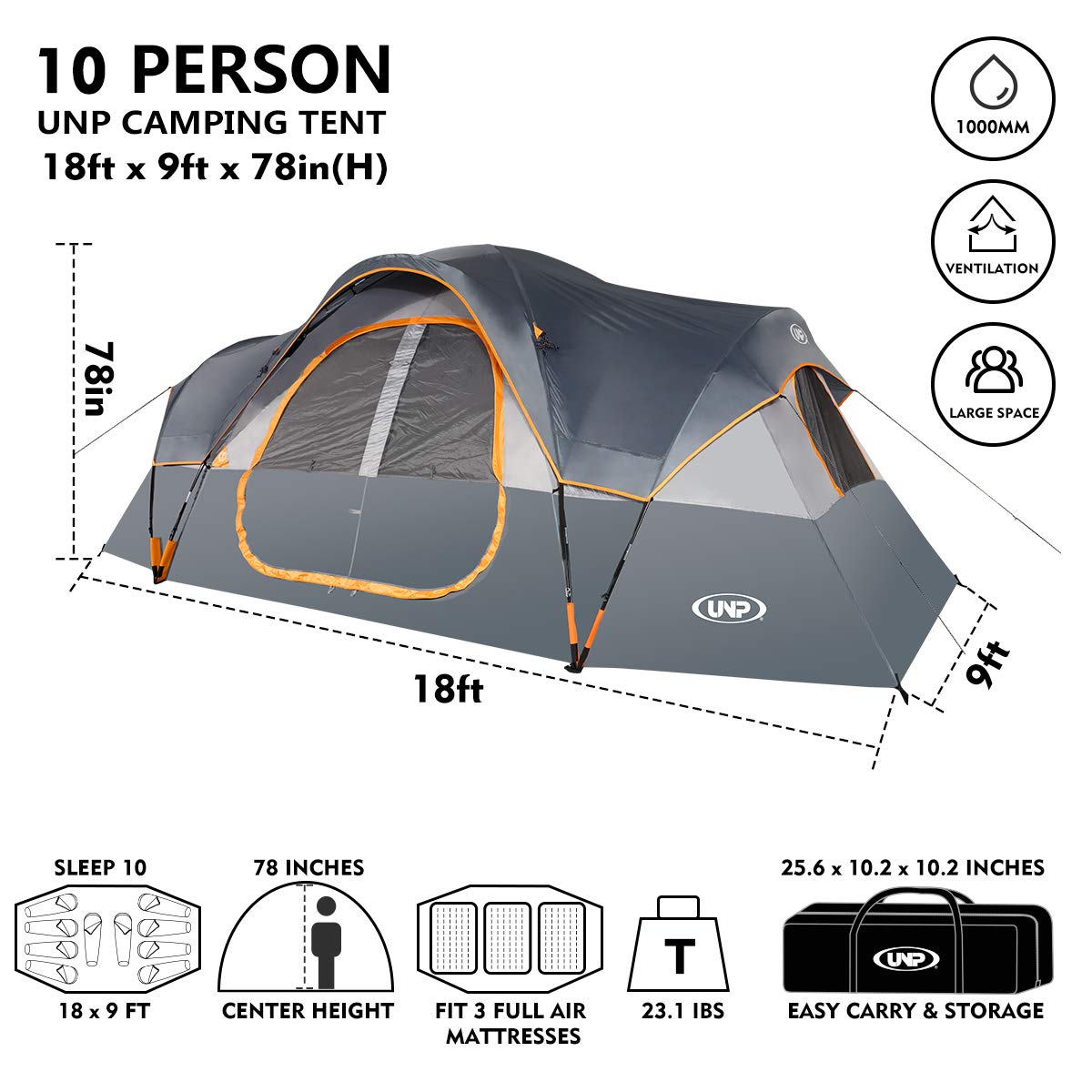 UNP 10-Person Family Camping Tent with 5 Large Mesh Windows, Double Layer & Waterproof Design (18' x 9' x 78")