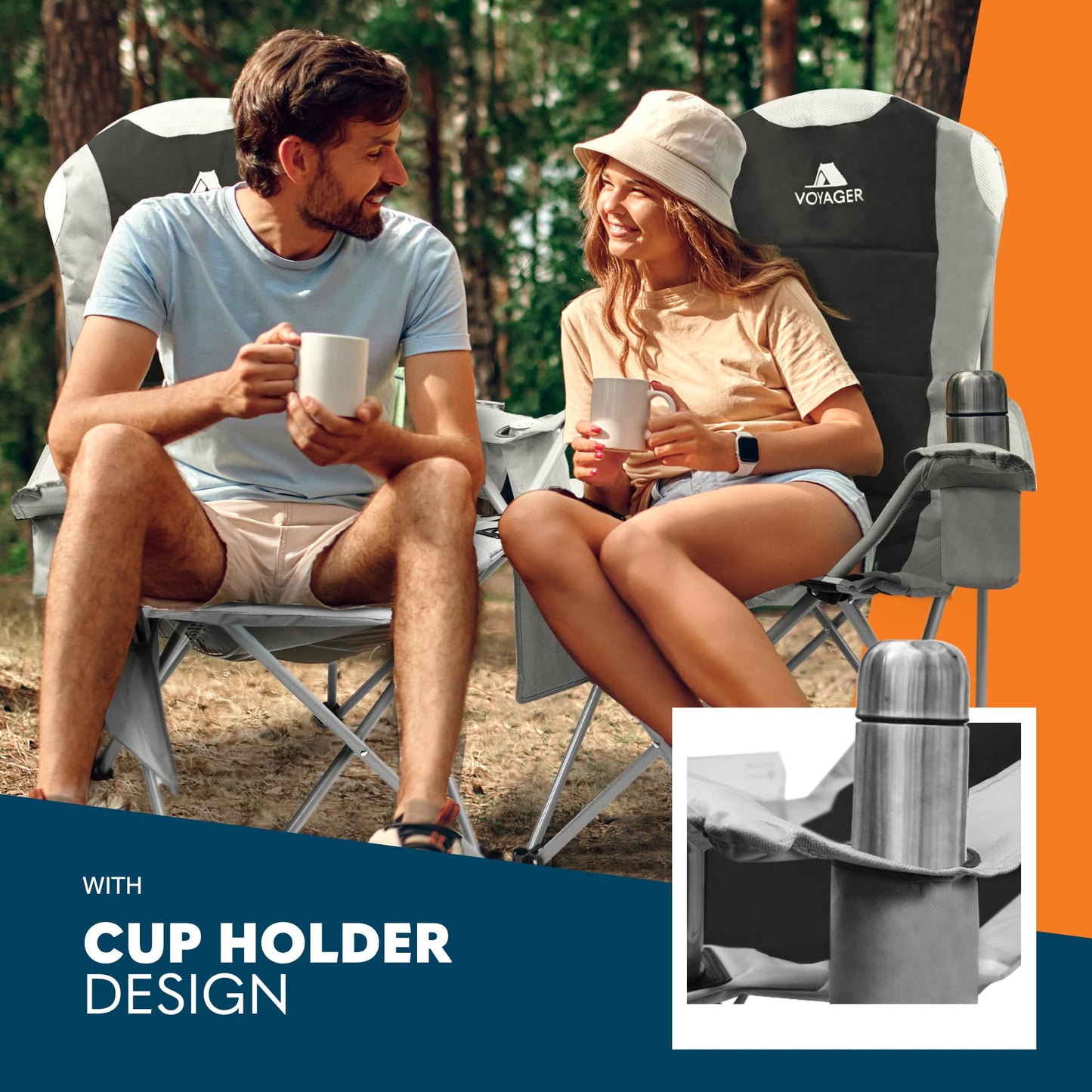 Voyager Set Of 2 Premium Padded Camping Chairs Lightweight & Foldable with Cup Holder & Side Pockets Ideal Water Resistant Outdoor Seats for Garden,Fishing,Picnic,Camping & Travel Heavy Duty (Black)