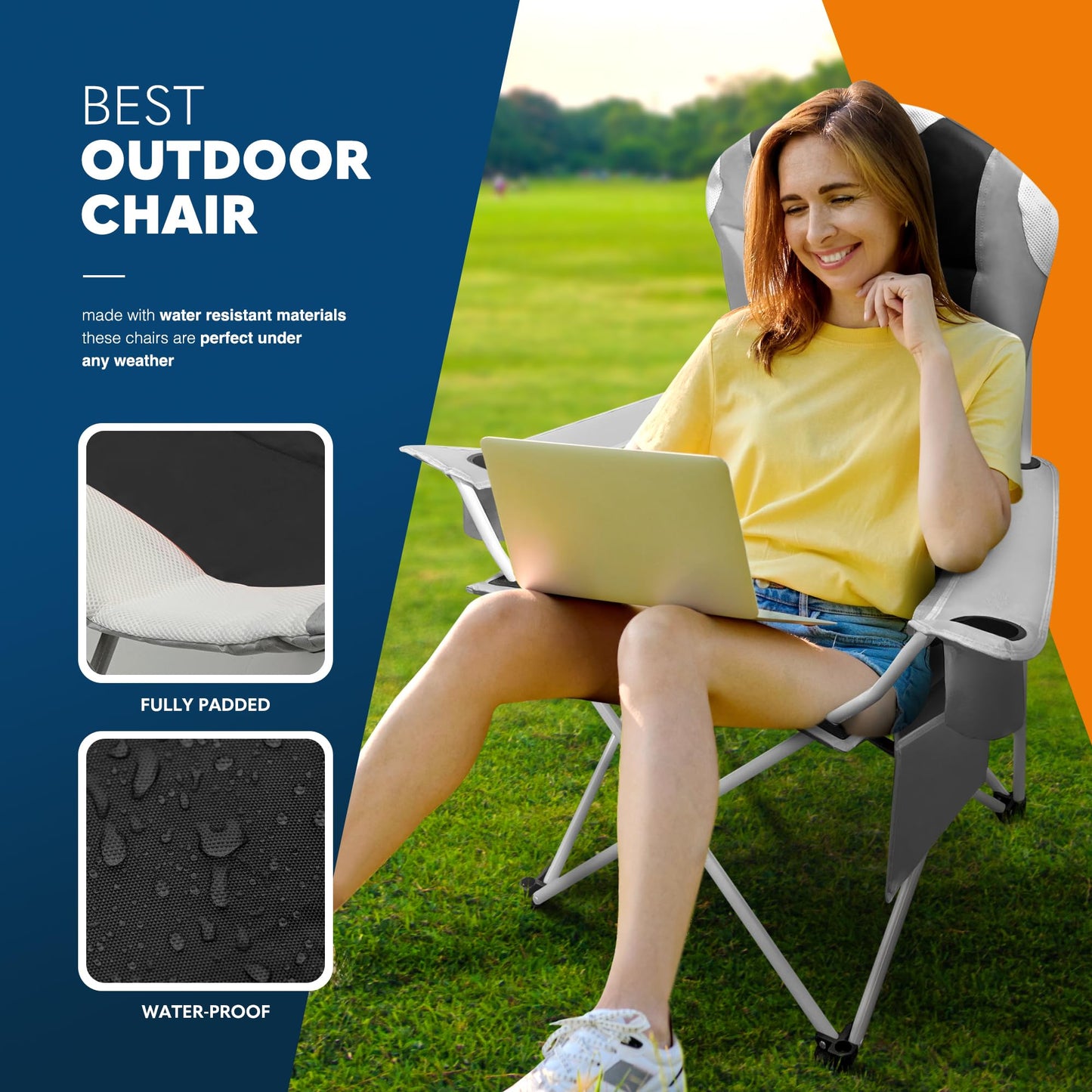 Voyager Set Of 2 Premium Padded Camping Chairs Lightweight & Foldable with Cup Holder & Side Pockets Ideal Water Resistant Outdoor Seats for Garden,Fishing,Picnic,Camping & Travel Heavy Duty (Black)