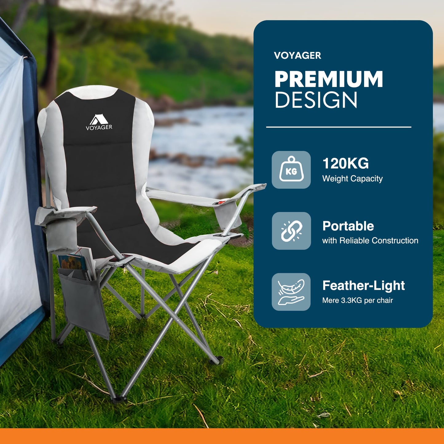 Voyager Set Of 2 Premium Padded Camping Chairs Lightweight & Foldable with Cup Holder & Side Pockets Ideal Water Resistant Outdoor Seats for Garden,Fishing,Picnic,Camping & Travel Heavy Duty (Black)