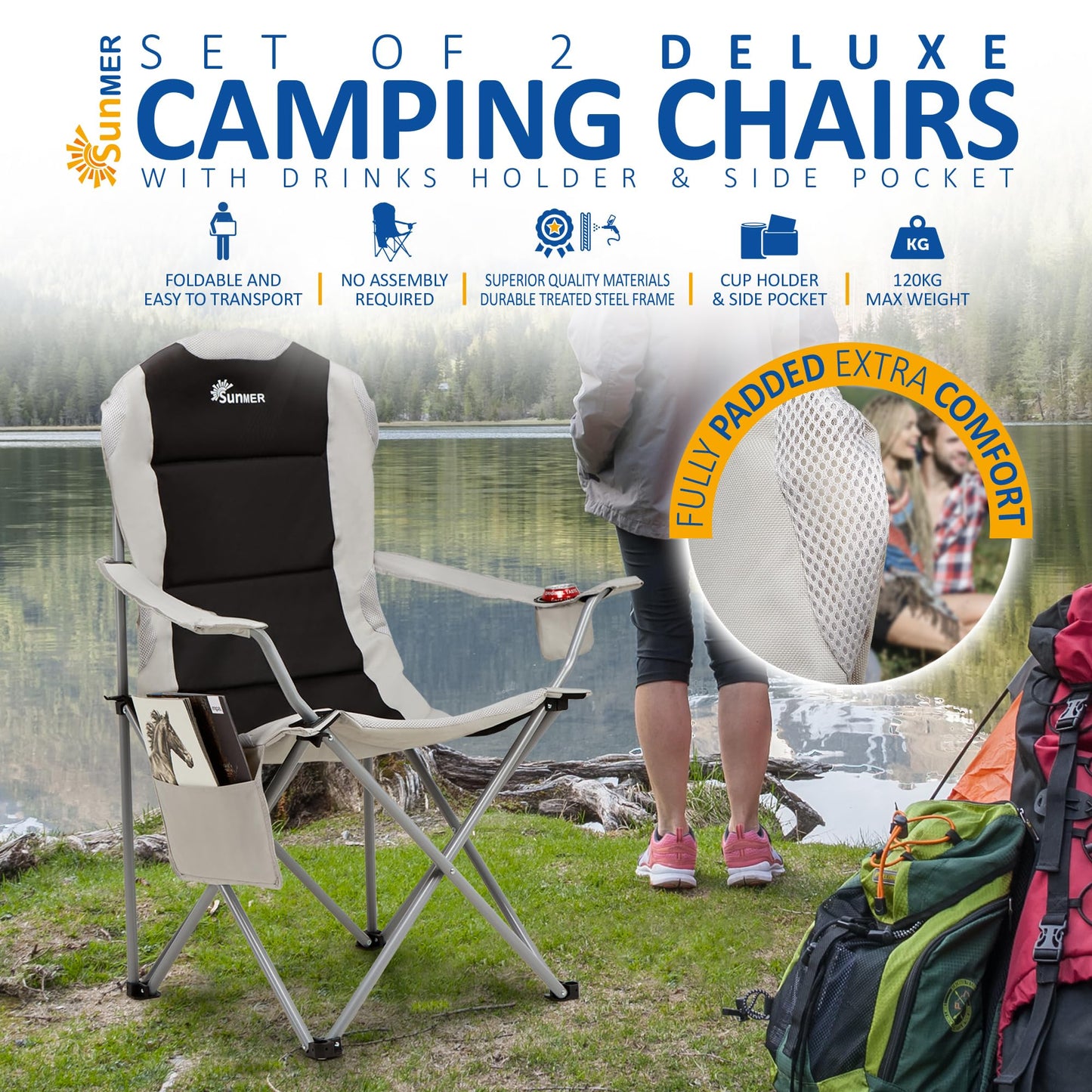 SUNMER Padded Camping Chairs - Set of 2 Deluxe Folding Chairs with Cup Holder and Side Pockets, Holds up to 120kg - Lightweight 3.3kg per Chair - Black & Grey