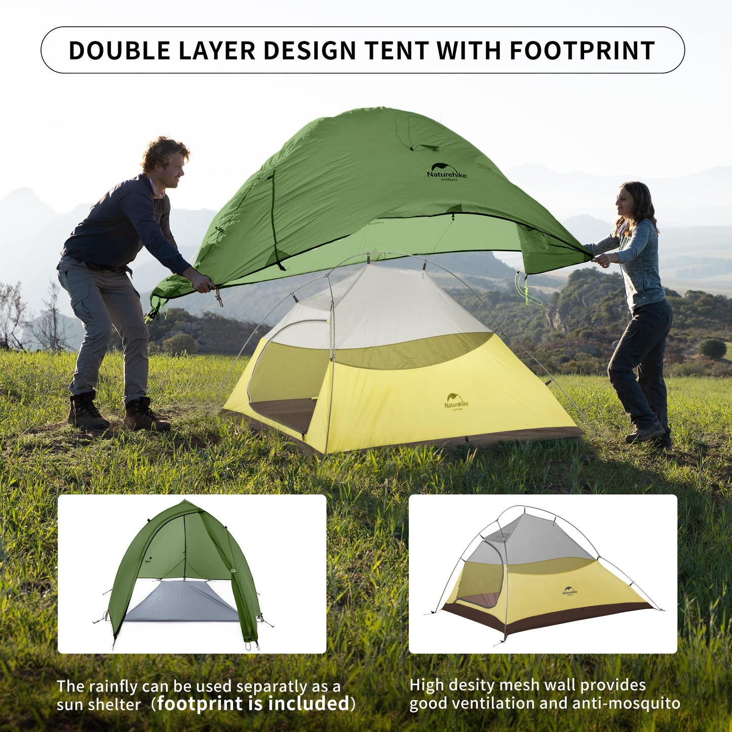 Naturehike Cloud-Up 2 Ultralight Tent Backpacking Tent for 2 Person Hiking Camping Outdoor (20D Forest Green Upgrade)