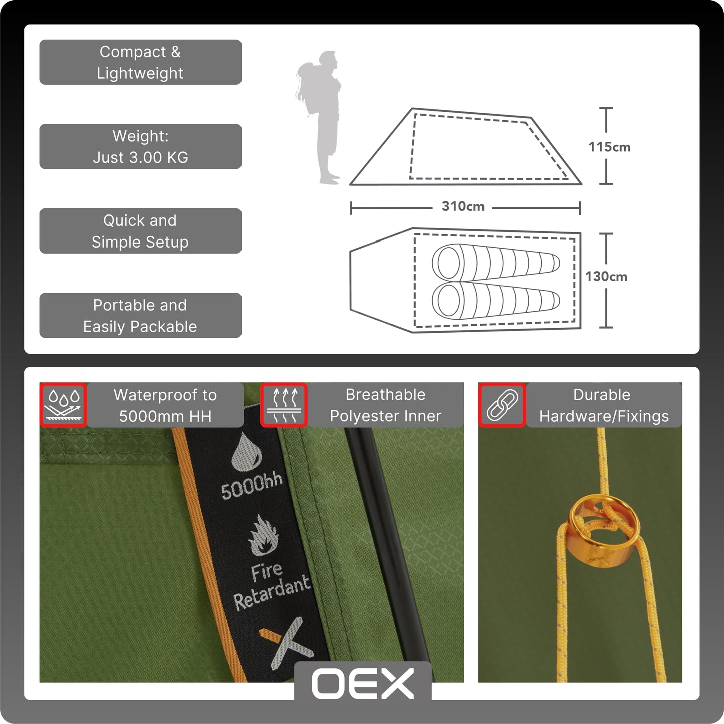 OEX Hyena II Tent for 2 People for Harsh Weather Conditions, 2 Man, Compact, Lightweight & Easy to Pitch, Ideal for Backpacking, Wild Camping, Hiking, Festivals & Weekend Trips, 5000mm HH, Green
