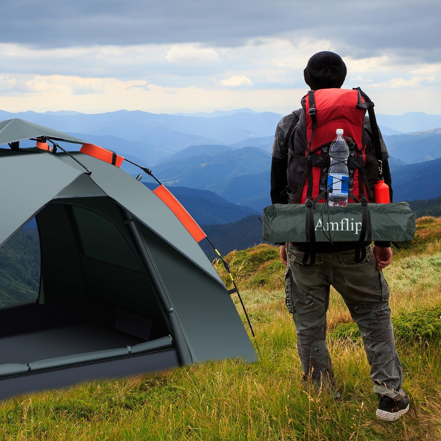 Amflip Camping Tent Automatic 1 Man Person Instant Tent Pop Up Ultralight Dome Tent 4 Seasons Waterproof & Windproof Camping Tent with Removable Outer Tarpaulin, Double Layers