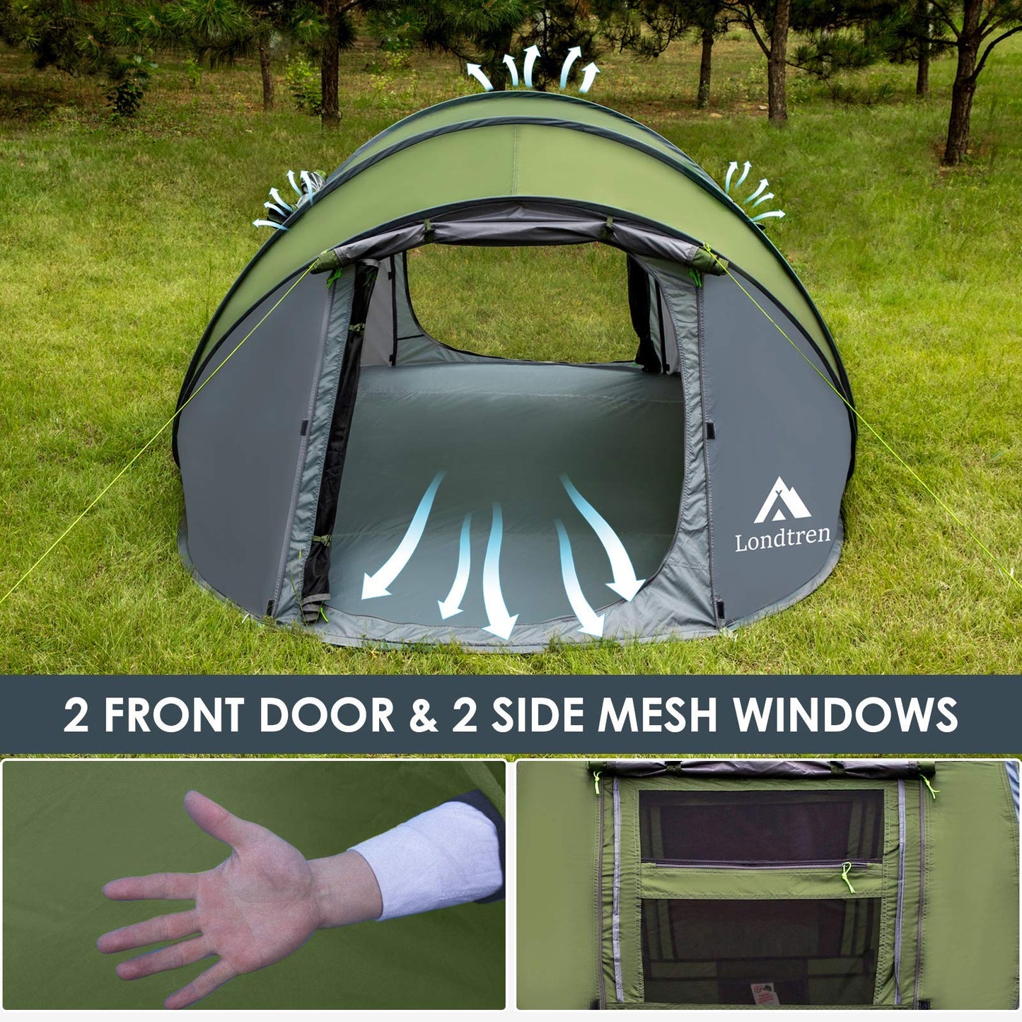 Pop Up Camping Tent - 4-Person Waterproof Instant Pop-Up Tent (Big Green).