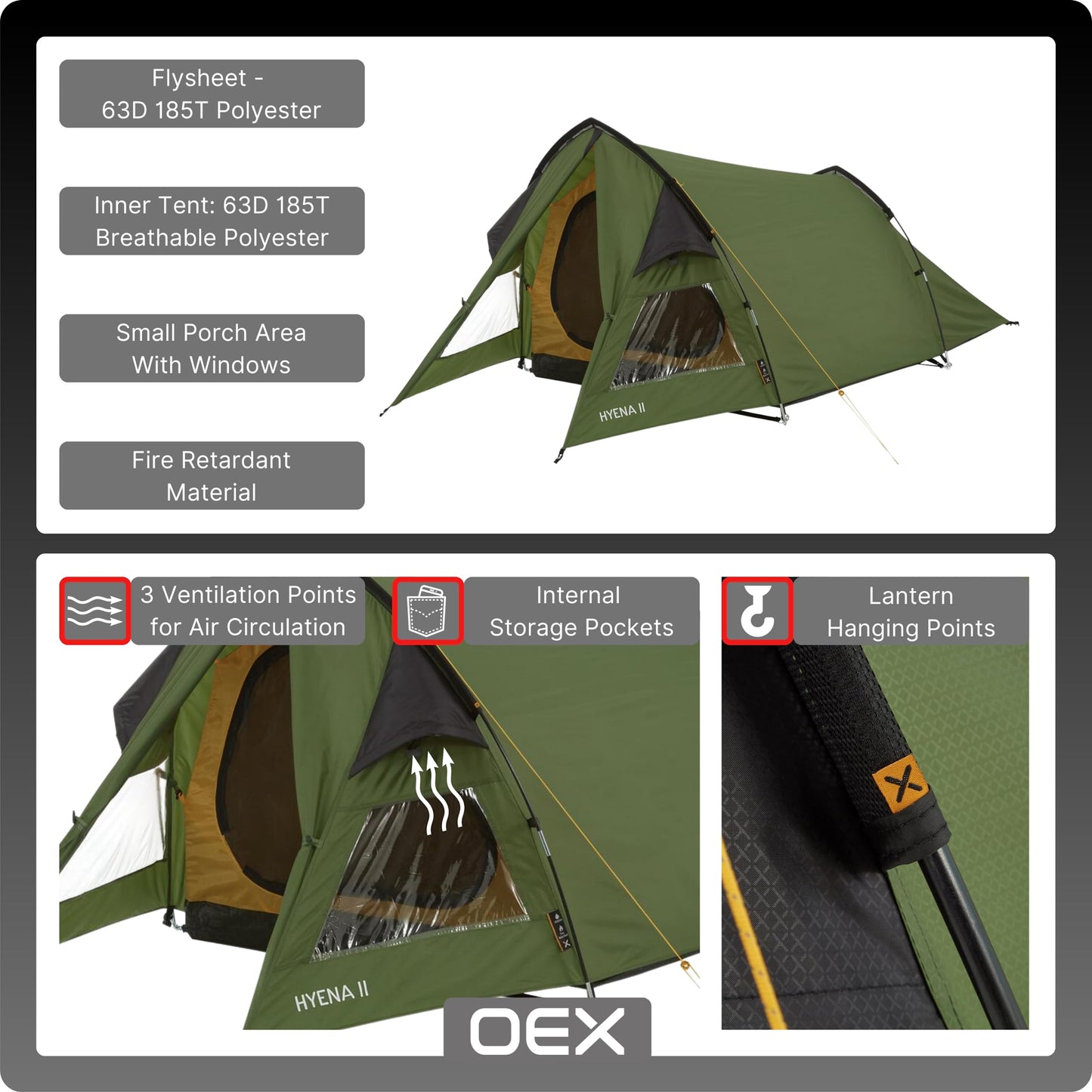 OEX Hyena II Tent for 2 People for Harsh Weather Conditions, 2 Man, Compact, Lightweight & Easy to Pitch, Ideal for Backpacking, Wild Camping, Hiking, Festivals & Weekend Trips, 5000mm HH, Green