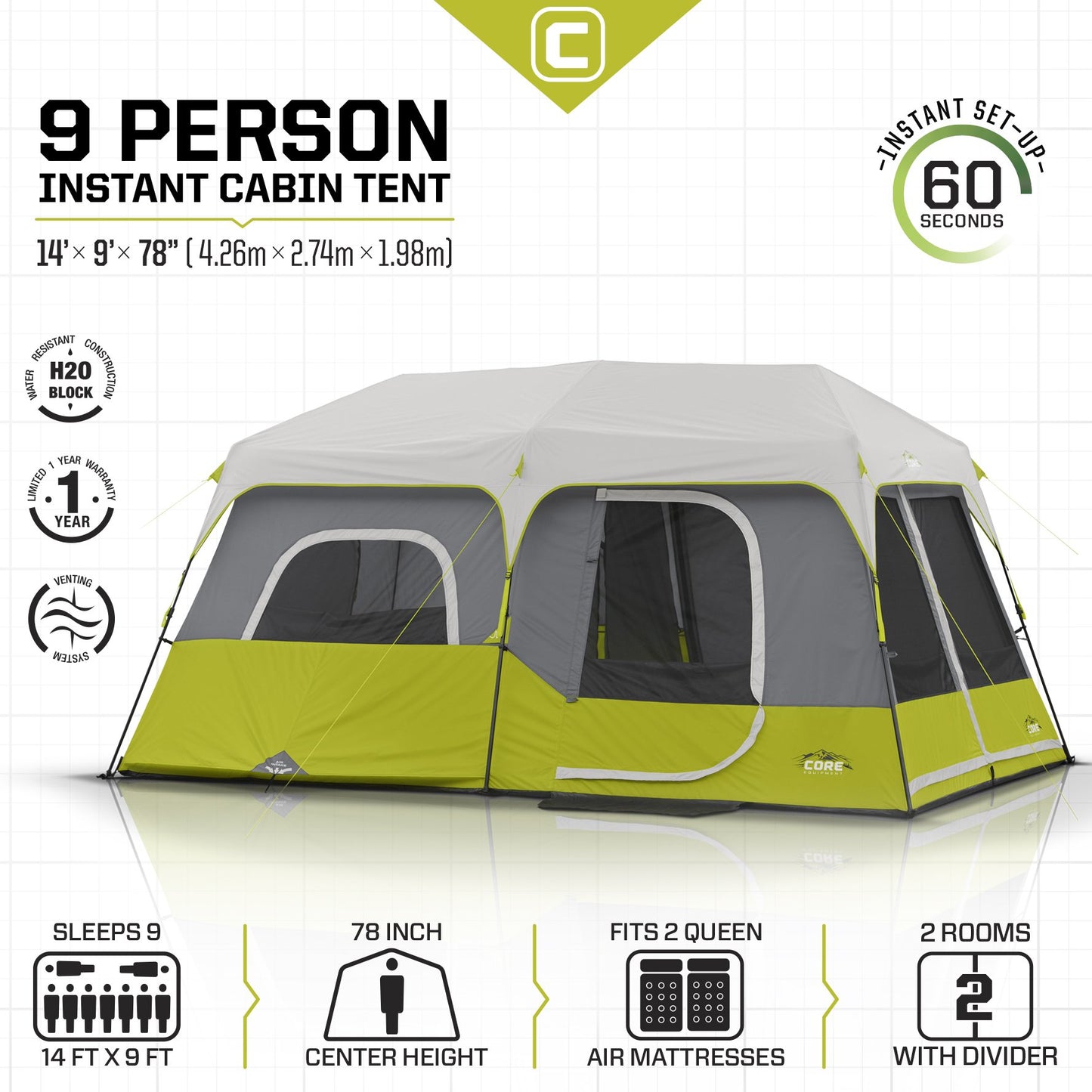 CORE 9-Person Instant Cabin Tent - Large Multi-Room Family Pop-Up Tent with Included Storage Pockets (2-Minute Setup)