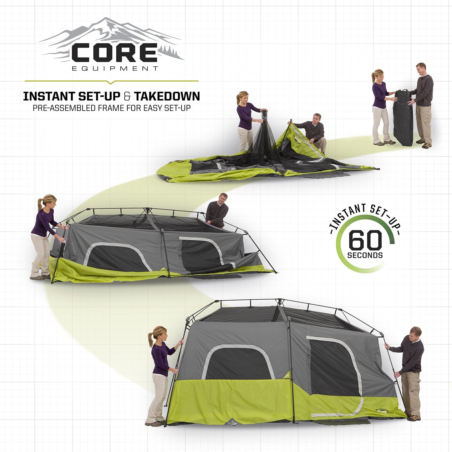 CORE 9-Person Instant Cabin Tent - Large Multi-Room Family Pop-Up Tent with Included Storage Pockets (2-Minute Setup)